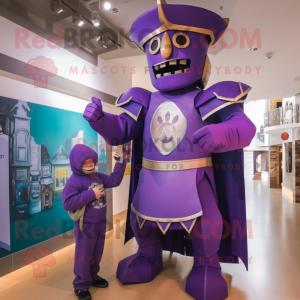 Purple Medieval Knight mascot costume character dressed with a Playsuit and Rings