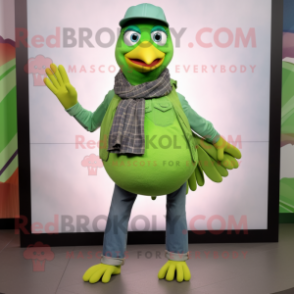 Lime Green Passenger Pigeon mascot costume character dressed with a Boyfriend Jeans and Gloves