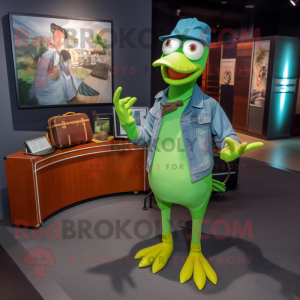 Lime Green Passenger Pigeon mascot costume character dressed with a Boyfriend Jeans and Gloves