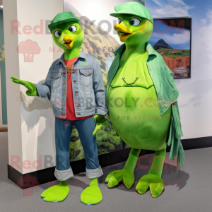 Lime Green Passenger Pigeon mascot costume character dressed with a Boyfriend Jeans and Gloves