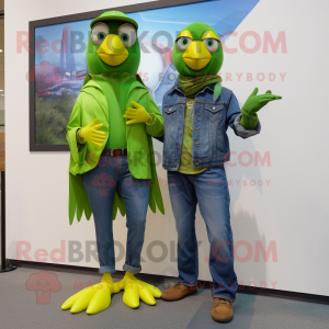 Lime Green Passenger Pigeon mascot costume character dressed with a Boyfriend Jeans and Gloves