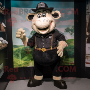 Black Beef Wellington mascot costume character dressed with a Chinos and Suspenders