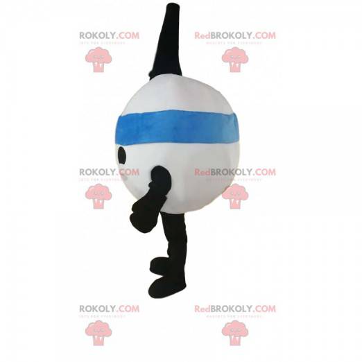 Mascote do balão branco sorrindo com uma bandana azul -