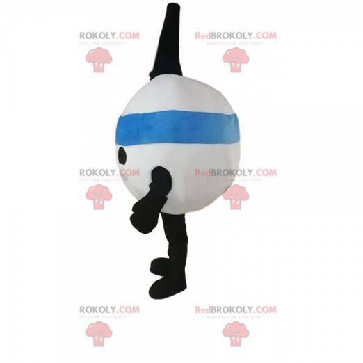 White balloon mascot smiling with a blue bandana -