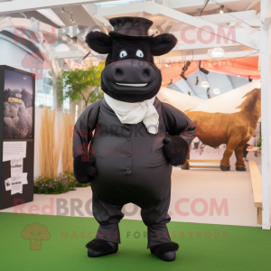 Black Beef Wellington mascot costume character dressed with a Chinos and Suspenders