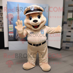 Beige Police Officer mascot costume character dressed with a Joggers and Beanies