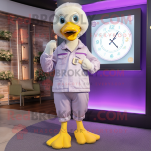 Lavender Gosling mascot costume character dressed with a Vest and Smartwatches