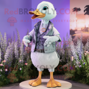 Lavender Gosling mascot costume character dressed with a Vest and Smartwatches