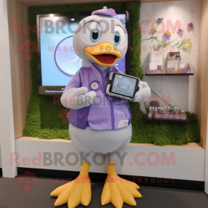Lavender Gosling mascot costume character dressed with a Vest and Smartwatches