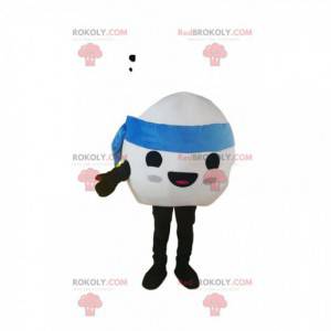 Mascota globo blanco sonriendo con un pañuelo azul -