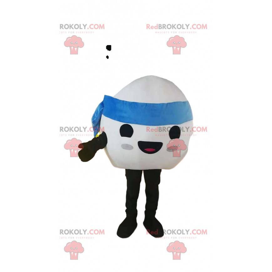 Mascotte de ballon blanc souriant avec un bandana bleu - Mascotte de ballon blanc souriant avec un bandana bleu -