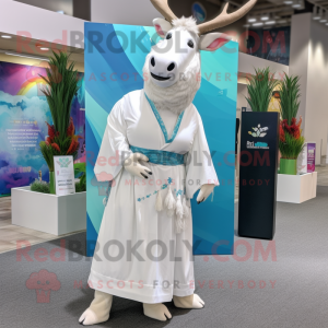 White Elk mascot costume character dressed with a Maxi Dress and Pocket squares