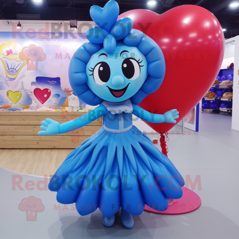 Blue Heart Shaped Balloons mascot costume character dressed with a A-Line Skirt and Headbands Blue Heart Shaped Balloons mascot costume character dressed with a A-Line Skirt and Headbands