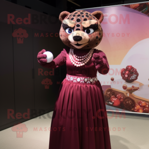 Maroon Jaguar mascot costume character dressed with a Ball Gown and Bracelets