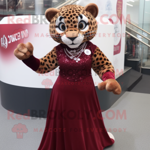 Maroon Jaguar mascot costume character dressed with a Ball Gown and Bracelets