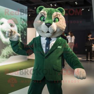 Forest Green Puma mascot costume character dressed with a Suit Jacket and Watches
