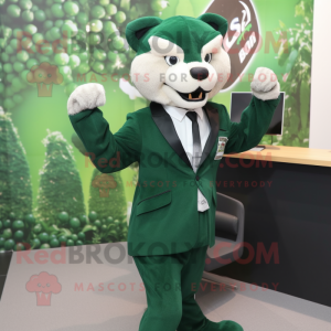 Forest Green Puma mascot costume character dressed with a Suit Jacket and Watches