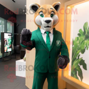 Forest Green Puma mascot costume character dressed with a Suit Jacket and Watches