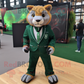 Forest Green Puma mascot costume character dressed with a Suit Jacket and Watches