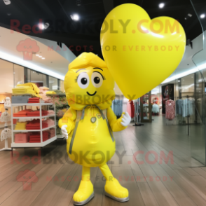 Lemon Yellow Heart Shaped Balloons mascot costume character dressed with a Windbreaker and Tote bags