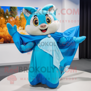 Cyan Flying Squirrel mascot costume character dressed with a Maxi Dress and Gloves