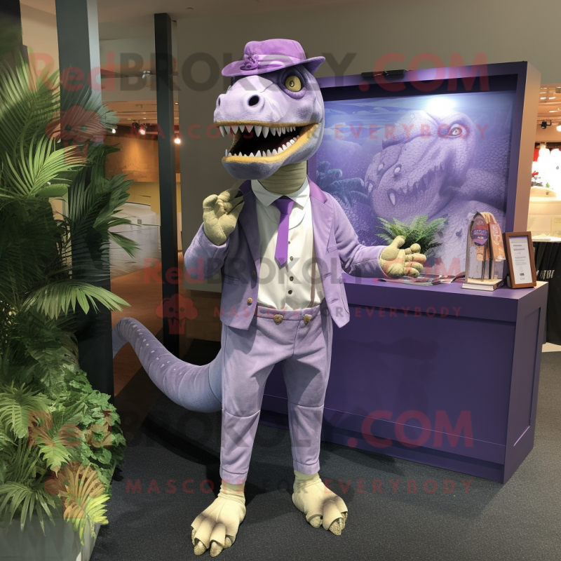 Lavender Tyrannosaurus mascot costume character dressed with a Shorts and Cufflinks