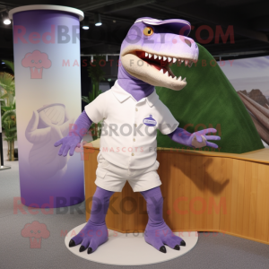 Lavender Tyrannosaurus mascot costume character dressed with a Shorts and Cufflinks