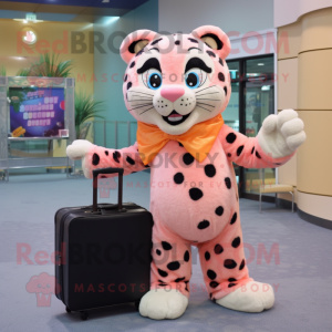 Peach Leopard mascot costume character dressed with a Evening Gown and Briefcases