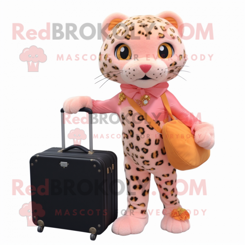 Peach Leopard mascot costume character dressed with a Evening Gown and Briefcases