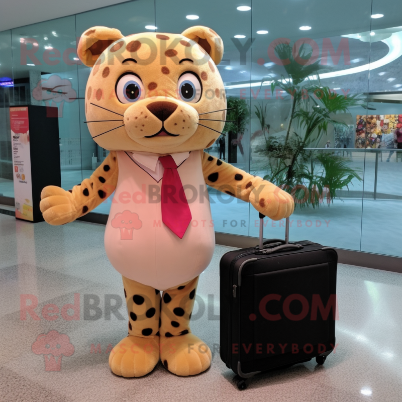 Peach Leopard mascot costume character dressed with a Evening Gown and Briefcases Peach Leopard mascot costume character dressed with a Evening Gown and Briefcases