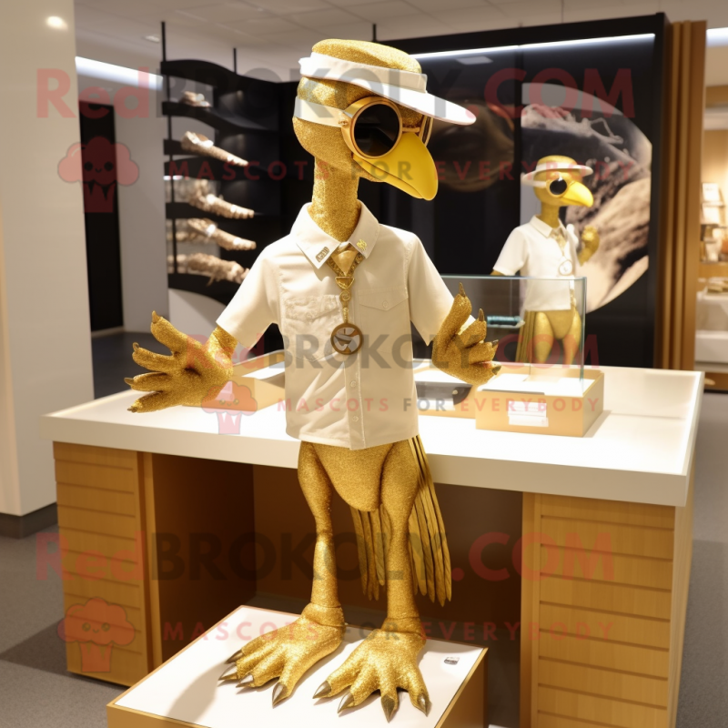 Gold Archeopteryx mascot costume character dressed with a Polo Tee and Cufflinks