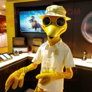 Gold Archeopteryx mascot costume character dressed with a Polo Tee and Cufflinks