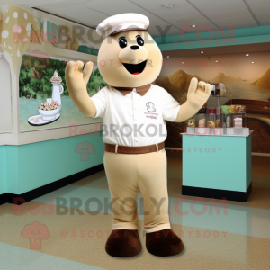 Tan Ice Cream mascot costume character dressed with a Polo Shirt and Cufflinks