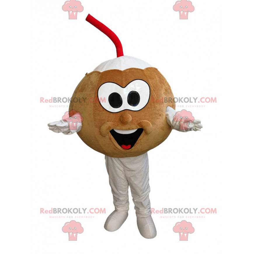 Mascote coco com um canudo vermelho e branco - Redbrokoly.com Mascote coco com um canudo vermelho e branco - Redbrokoly.com