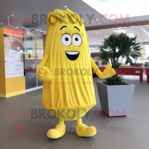 Lemon Yellow French Fries mascot costume character dressed with a Cover-up and Shoe clips