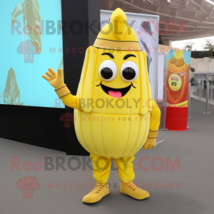 Lemon Yellow French Fries mascot costume character dressed with a Cover-up and Shoe clips