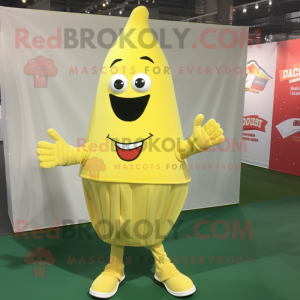 Lemon Yellow French Fries mascot costume character dressed with a Cover-up and Shoe clips