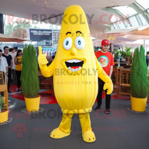 Lemon Yellow French Fries mascot costume character dressed with a Cover-up and Shoe clips