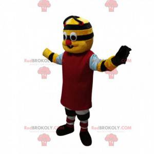 Mascotte de personnage jaune et noir avec un maillot rouge -