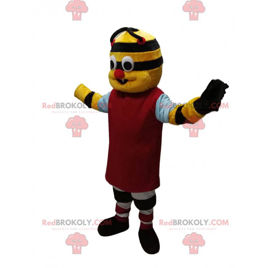 Geel en zwart karakter mascotte met een rode trui -