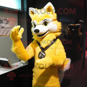 Yellow Wolf mascot costume character dressed with a Sheath Dress and Mittens
