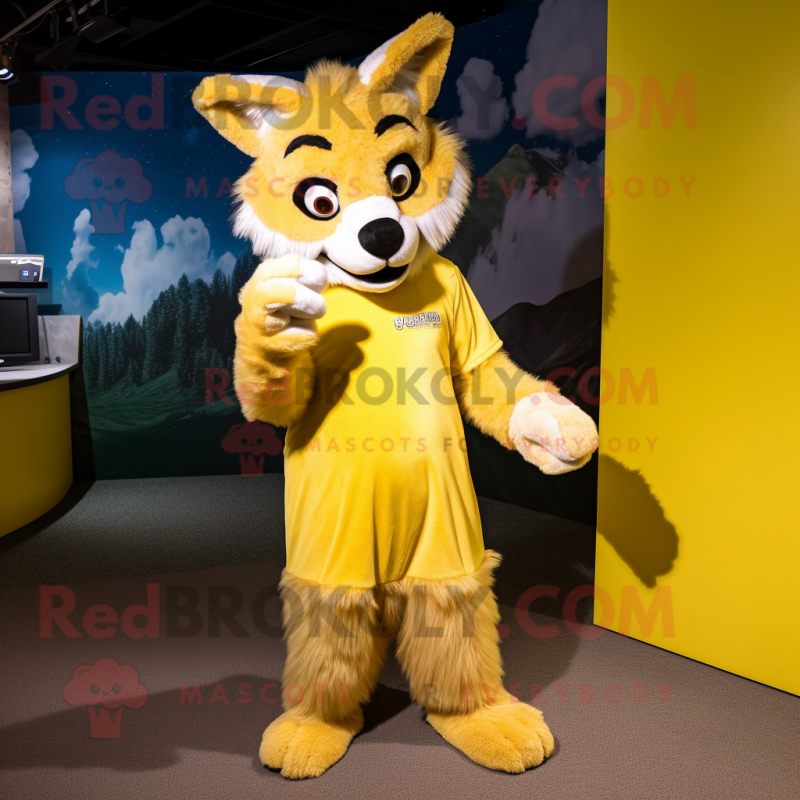 Yellow Wolf mascot costume character dressed with a Sheath Dress and Mittens