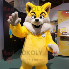 Yellow Wolf mascot costume character dressed with a Sheath Dress and Mittens