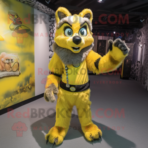 Yellow Wolf mascot costume character dressed with a Sheath Dress and Mittens
