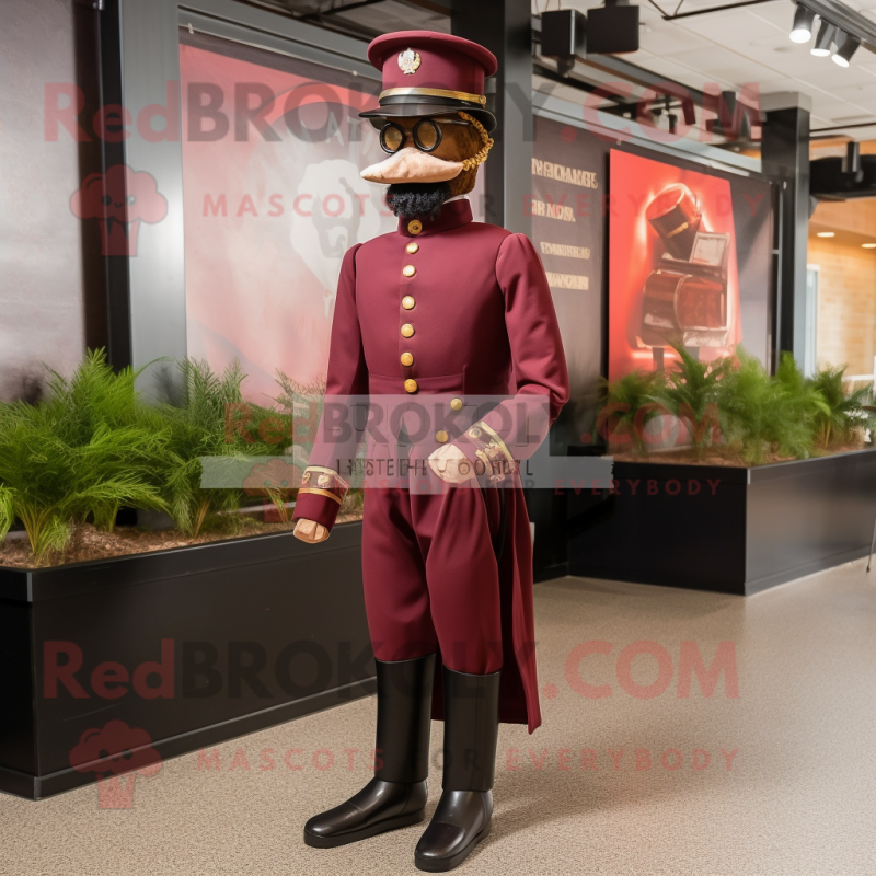 Maroon Civil War Soldier mascot costume character dressed with a Tuxedo and Eyeglasses
