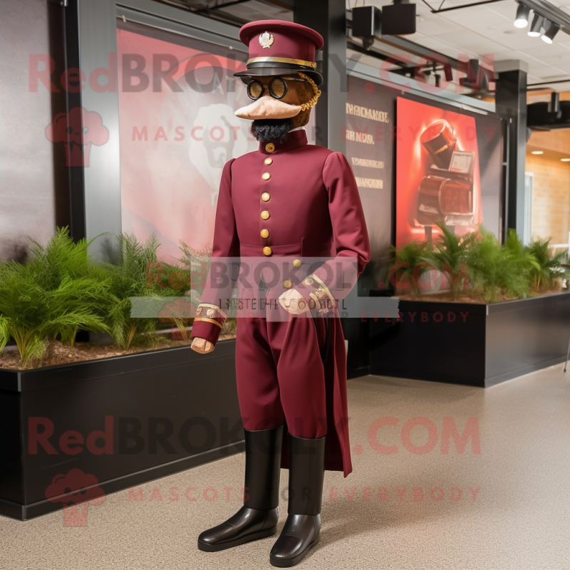 Maroon Civil War Soldier mascot costume character dressed with a Tuxedo and Eyeglasses Maroon Civil War Soldier mascot costume character dressed with a Tuxedo and Eyeglasses
