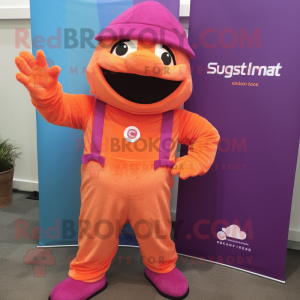 Magenta Orange mascot costume character dressed with a Romper and Suspenders