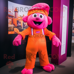 Magenta Orange mascot costume character dressed with a Romper and Suspenders