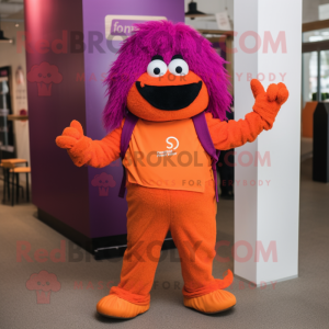 Magenta Orange mascot costume character dressed with a Romper and Suspenders