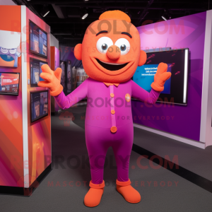 Magenta Orange mascot costume character dressed with a Romper and Suspenders